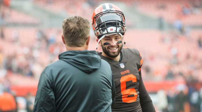 Former Cleveland Browns interim head coach Gregg Williams and quarterback Baker Mayfield.
